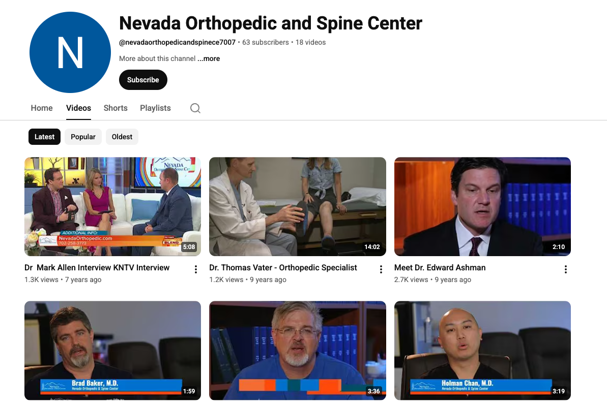 Nevada Orthopedic and Spine Center YouTube channel showing 63 subscribers and videos published nine years ago